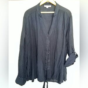 Jennifer & Grace 2X button up tie waist deep blue top